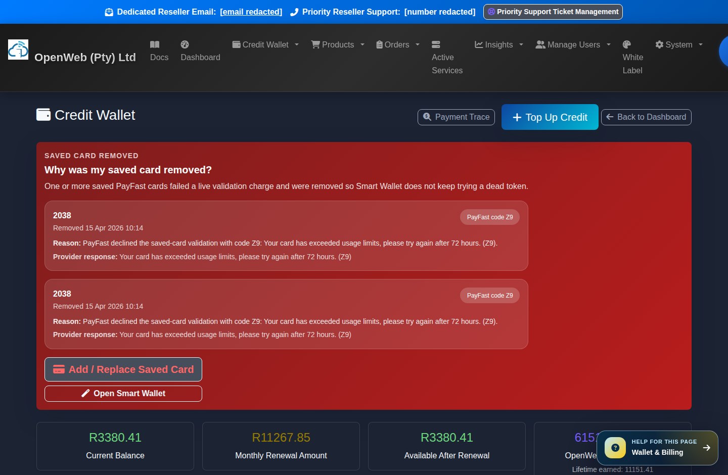 Current OpenWeb reseller panel screenshot: Credit wallet and Smart Wallet