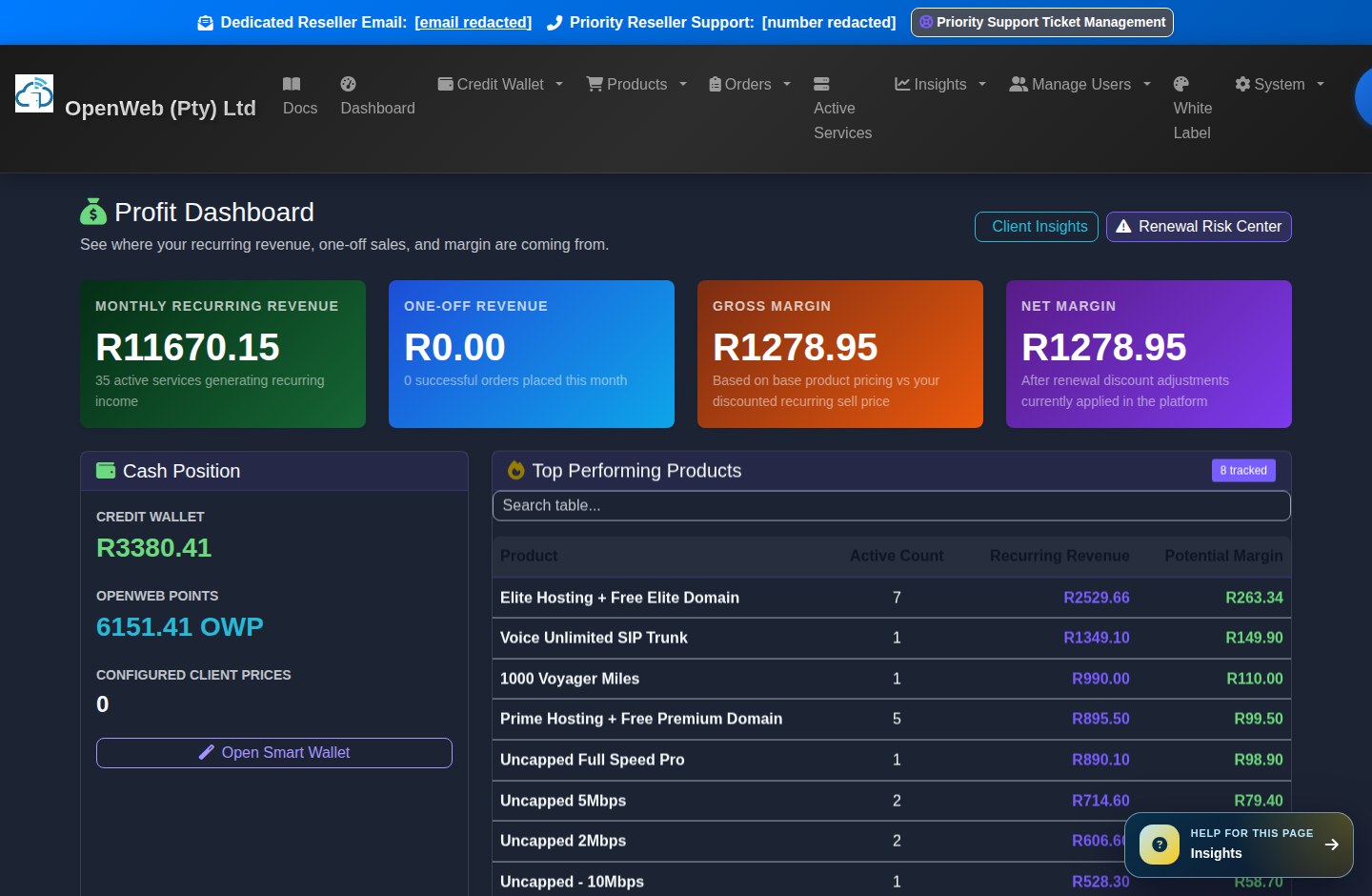 Current OpenWeb reseller panel screenshot: Insights suite