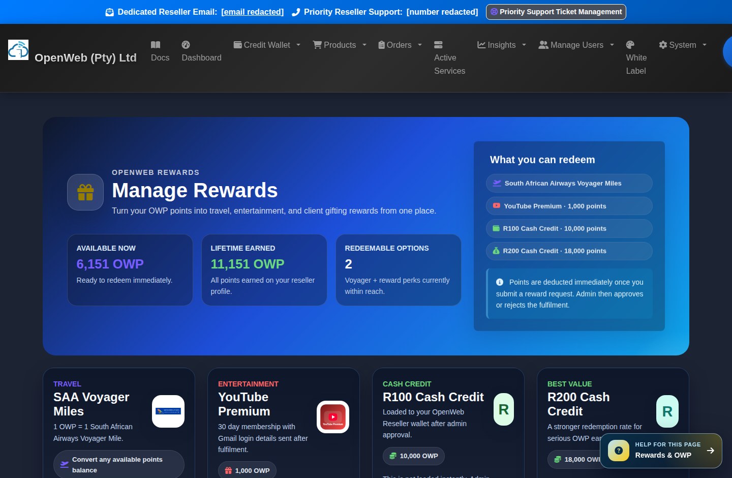 Current OpenWeb reseller panel screenshot: Rewards and Voyager wallet