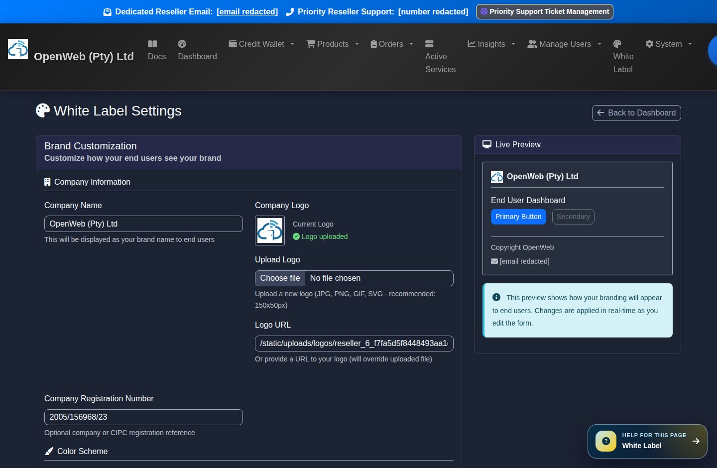Current OpenWeb reseller panel screenshot: White Label Settings